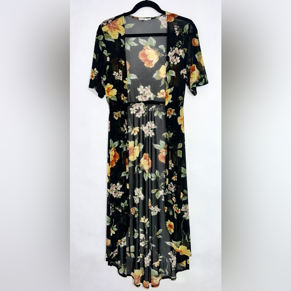 3rd + Malt black floral print sheer‎ duster cardigan cover-up with drawstring M